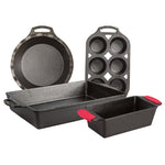 5 piece cast iron set including a pie pan, 6 cup muffin pan, baking pan, loaf pan, and set of silicone handle grips.
