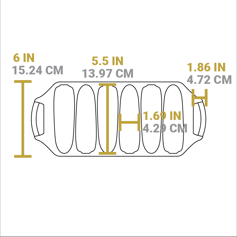 Dimensional drawing of product. Length of pan is 6 inches, length of handle from pan is 1.86 inches, length of corn well is 5.5 inches, width of corn well is 1.69 inches.