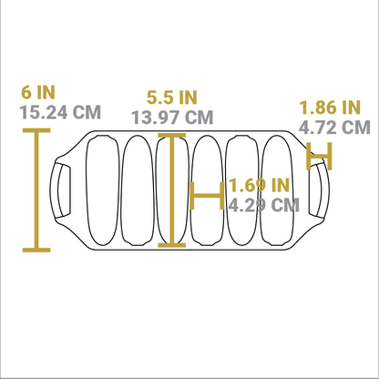 Dimensional drawing of product. Length of pan is 6 inches, length of handle from pan is 1.86 inches, length of corn well is 5.5 inches, width of corn well is 1.69 inches.
