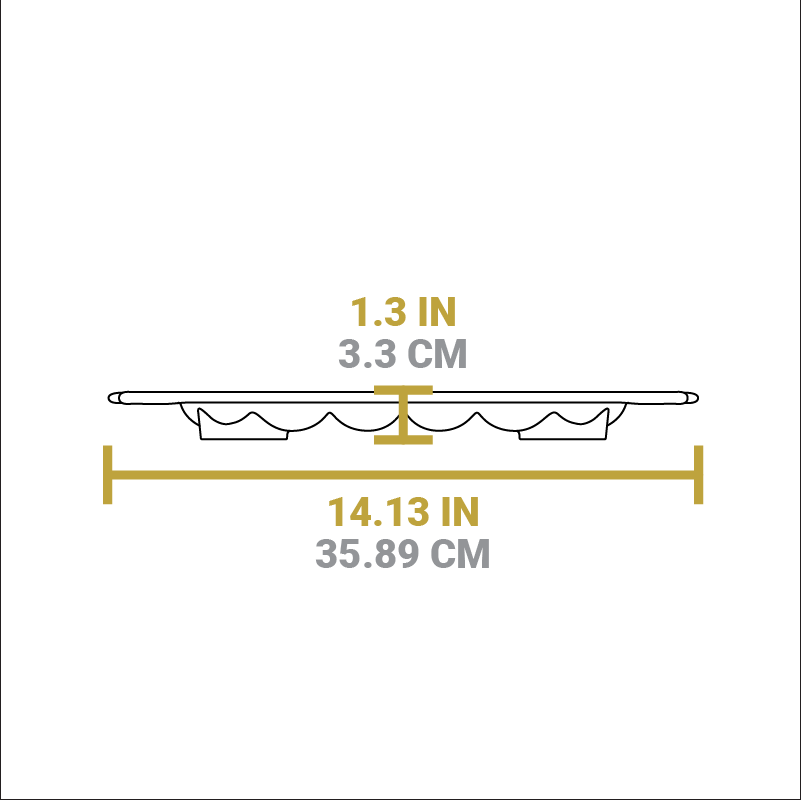 Dimensional drawing of product. Total width including handles is 14.13 inches, height is 1.3 inches.
