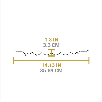 Dimensional drawing of product. Total width including handles is 14.13 inches, height is 1.3 inches.