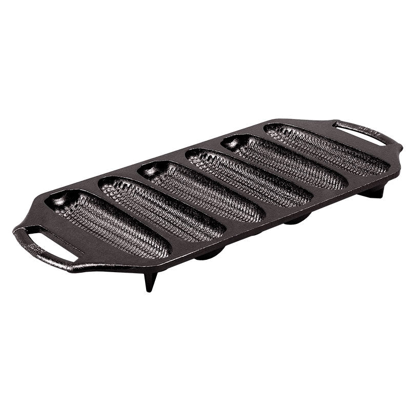 Black bakeware pan with 6 wells shaped like corn.