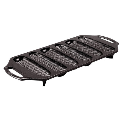 Black bakeware pan with 6 wells shaped like corn.