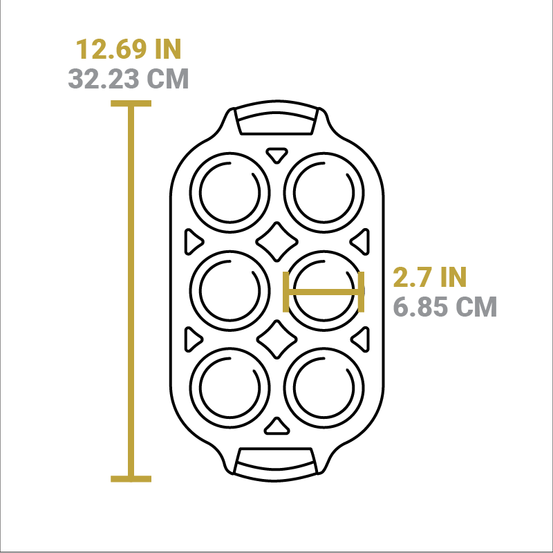 Dimensional drawing of product. Total width including handles is 12.69 inches, diameter of muffin cup is 2.7 inches.