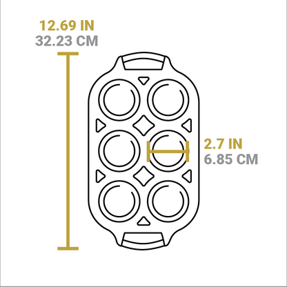 Dimensional drawing of product. Total width including handles is 12.69 inches, diameter of muffin cup is 2.7 inches.