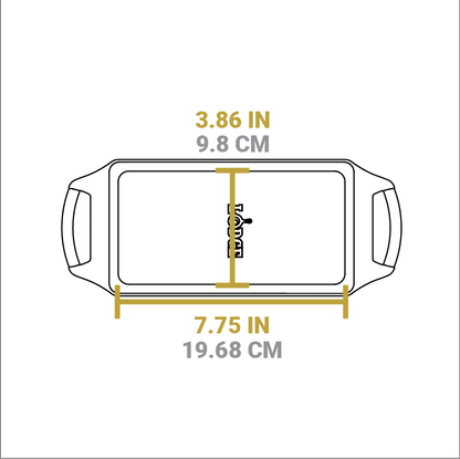Dimensional drawing of product. Length of flat bottom is 3.86 inches, width is 7.75 inches.