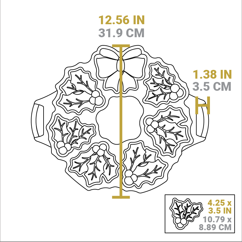 Dimensional drawing of product. Total length of the pan is 12.56 inches, length of handle from pan is 1.38 inches, dimension of mistletoe sections is 4.25 x 3.5 inches.