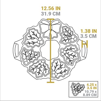 Dimensional drawing of product. Total length of the pan is 12.56 inches, length of handle from pan is 1.38 inches, dimension of mistletoe sections is 4.25 x 3.5 inches.