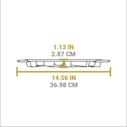 Dimensional drawing of product. Total width including handles is 14.56 inches, height is 1.13 inches.