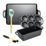 3 piece seasoned cast iron set with yellow and black corner and groove brush and a blue silicone spatula with a wooden handle.