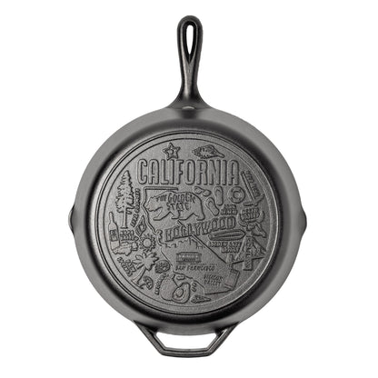 Cast iron skillet with the bottom engraved with beloved icons and monuments from California.