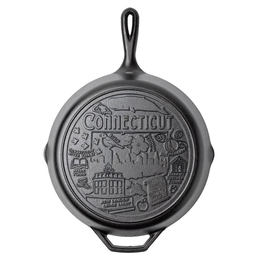 Cast iron skillet with the bottom engraved with beloved icons and monuments from Connecticut.