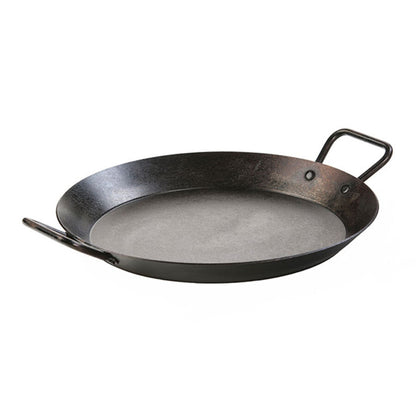 Circular pan with 2 loop handles and slanted edges.