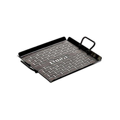 Grill basket with 2 handles and perforated lines and Lodge branding.