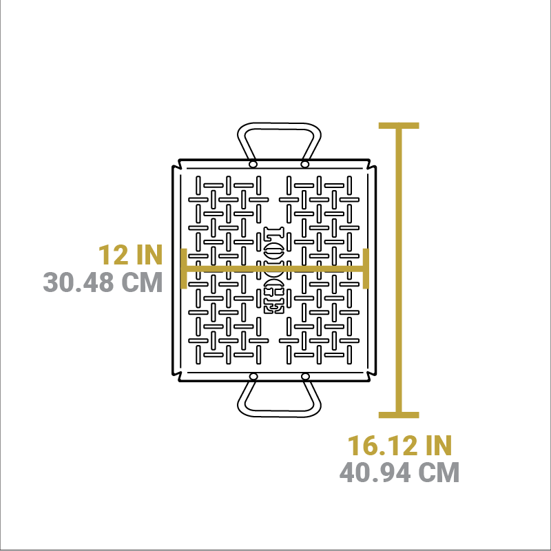 Dimensional drawing of product. Total width including handles is 16.12 inches, length of cooking surface is 12 inches.