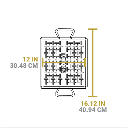 Dimensional drawing of product. Total width including handles is 16.12 inches, length of cooking surface is 12 inches.