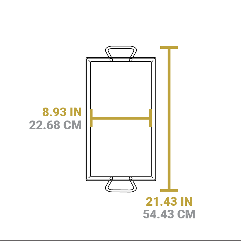 Dimensional drawing of product. Total width including handles is 21.43 inches, length of cooking surface is 8.93 inches.