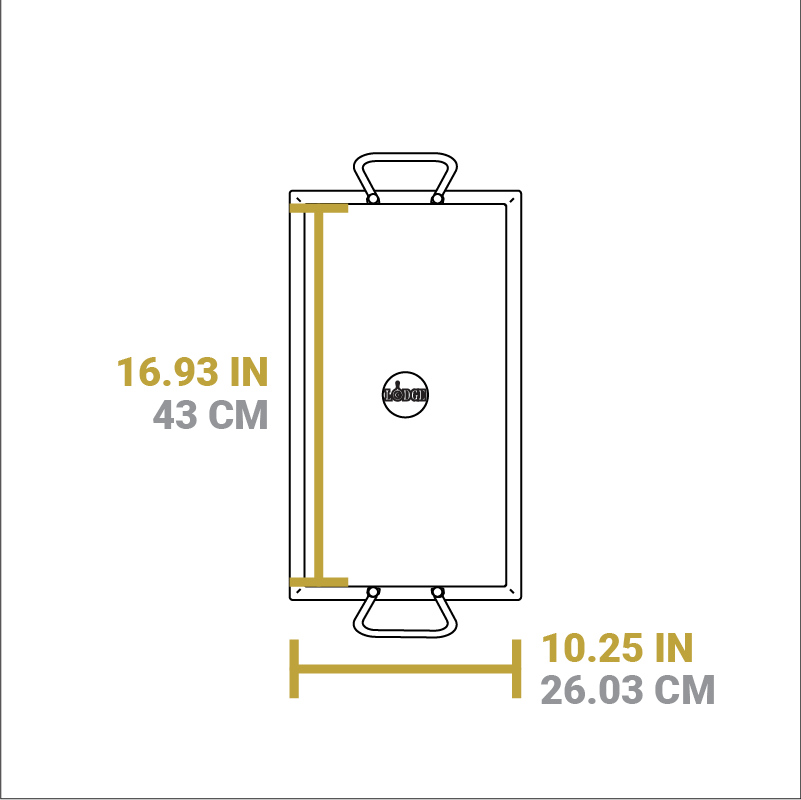 Dimensional drawing of product. Width of flat bottom is 16.93 inches, total length including edges is 10.25 inches.