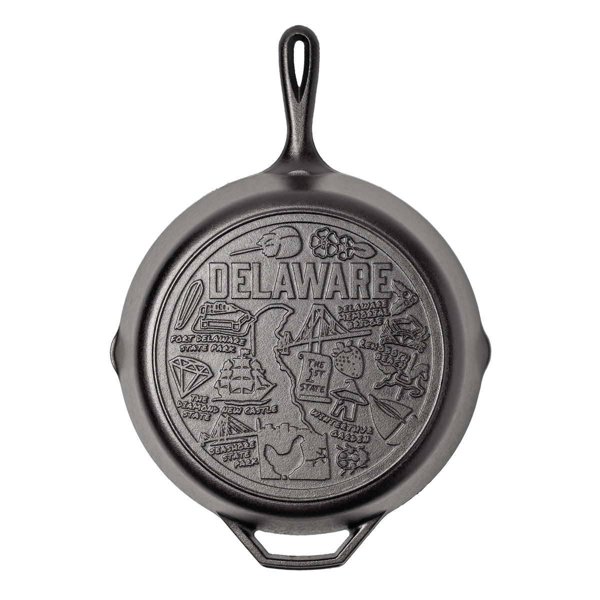 Cast iron skillet with the bottom engraved with beloved icons and monuments from Delaware.