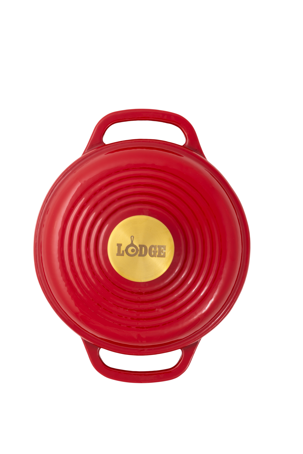 A red Lodge cast iron Dutch oven shown from a top-down view, featuring a circular lid with concentric ridges, two side handles, and a gold-colored center knob with the Lodge logo.