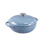 Storm blue enameled cast iron Dutch oven with lid on a white background