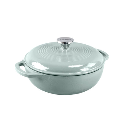 Desert Sage enameled cast iron Dutch oven with lid on a white background