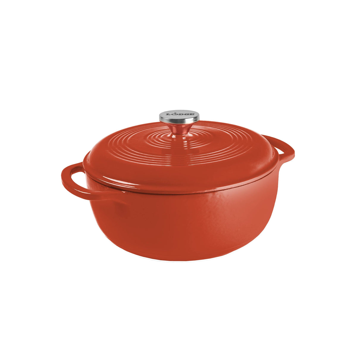 Poppy enameled cast iron Dutch oven with lid on a white background