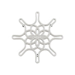 A white enameled cast iron trivet with a geometric snowflake-like pattern.