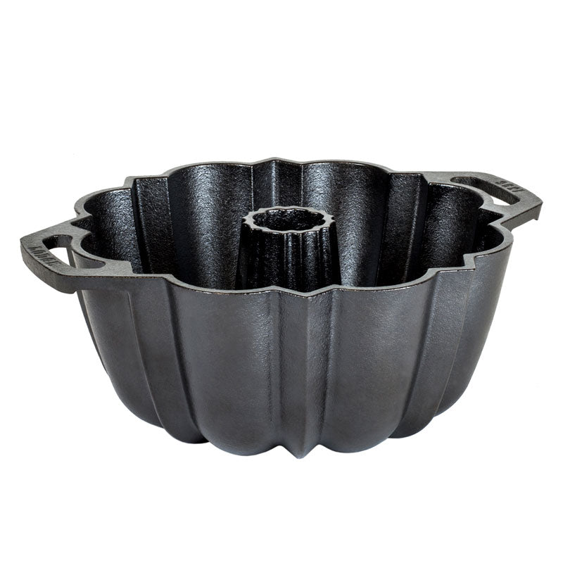 Black Bundt cake pan on a white background