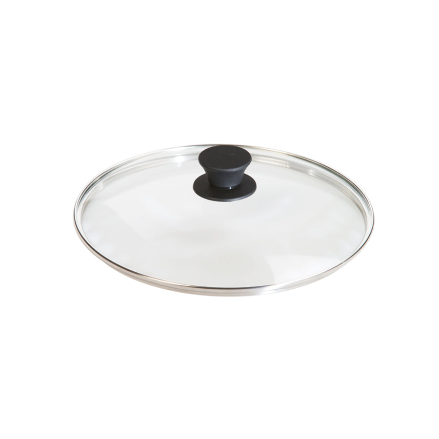 Round glass lid with transparent top, silver rim, and black knob in middle.