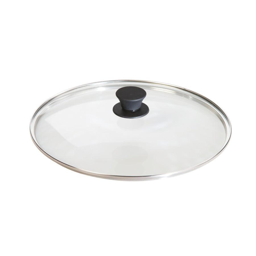 Round glass lid with transparent top, silver rim, and black knob in middle.