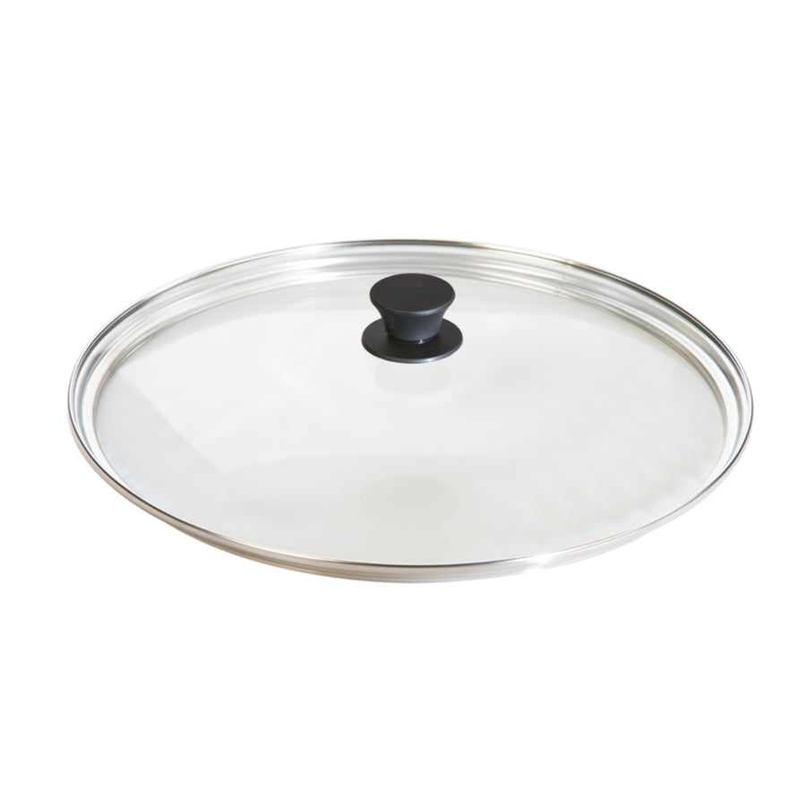 Round glass lid with transparent top, silver rim, and black knob in middle.
