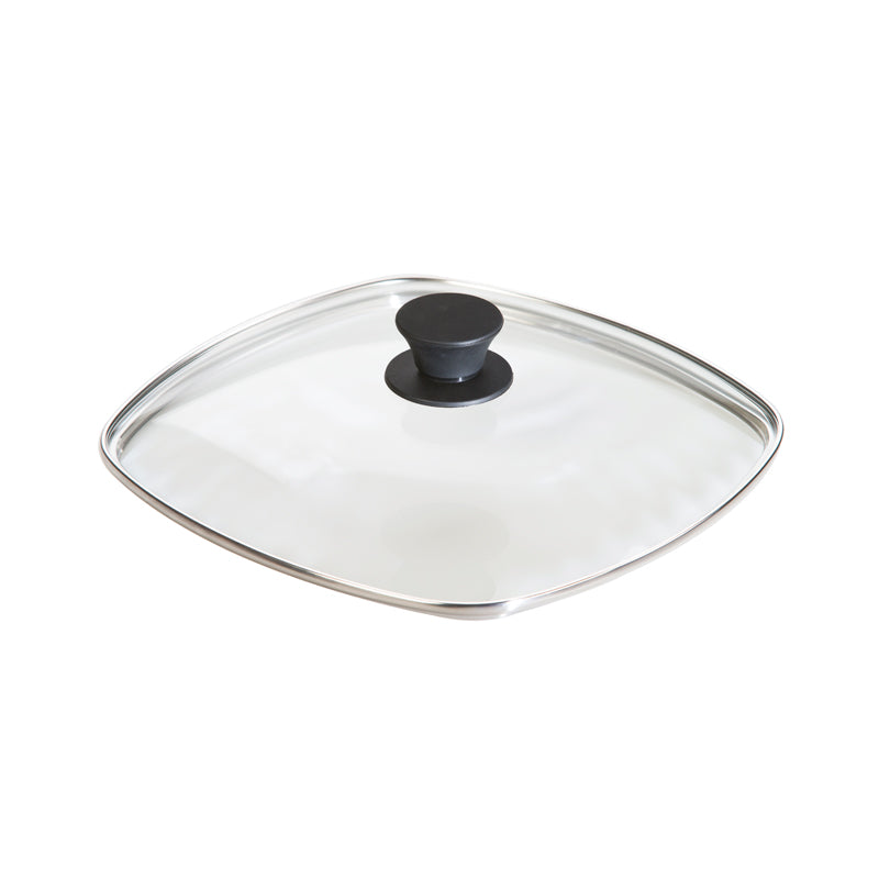 Glass square lid with rounded corners and a black knob in middle for lifting.