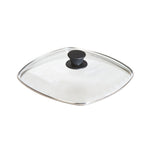 Glass square lid with rounded corners and a black knob in middle for lifting.