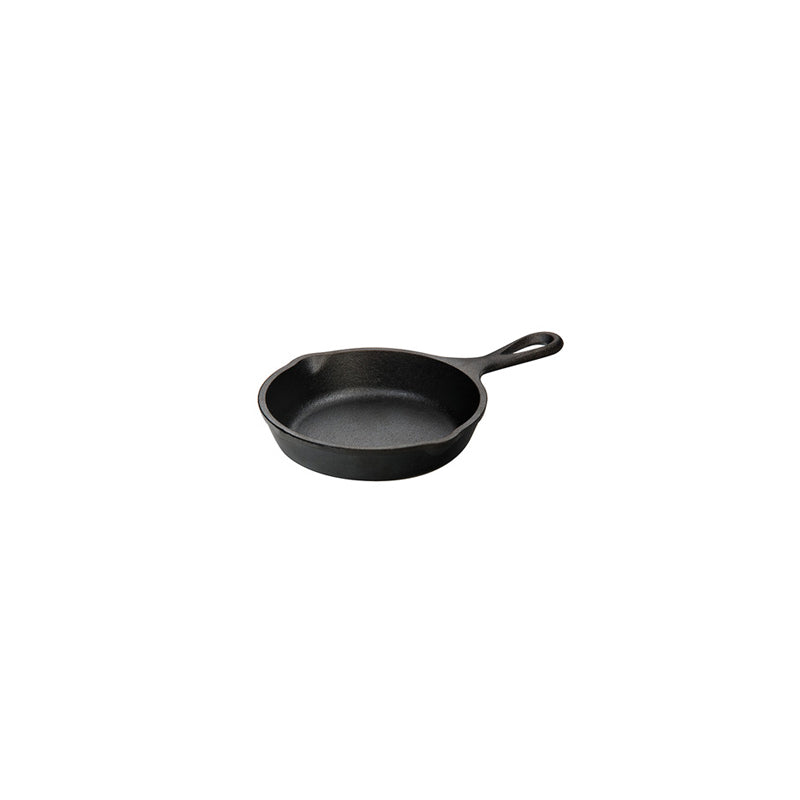Black skillet with long handle and 2 pour spouts.