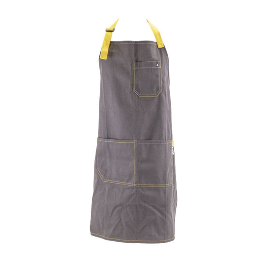 Grey apron with yellow stiches and ties.