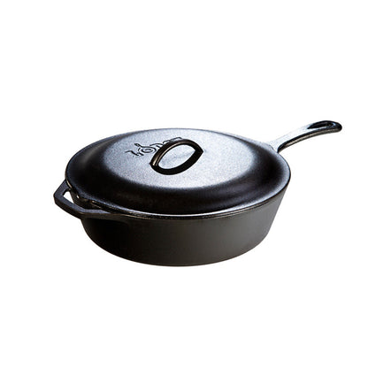 A deep, circular skillet with a longer handle, loop handle, and lid.