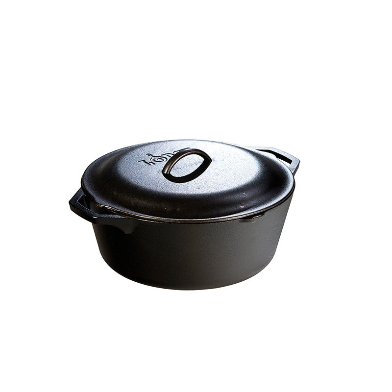 Cast iron dutch oven with lid. A loop handle on each side, pour spouts on the other sides, and a handle on top of lid.