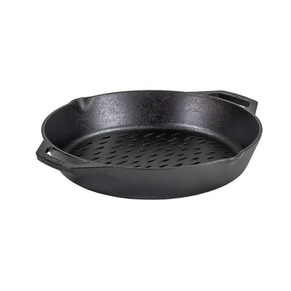 Black cast iron skillet with holes on bottom, along with 2 handles and pour spouts.