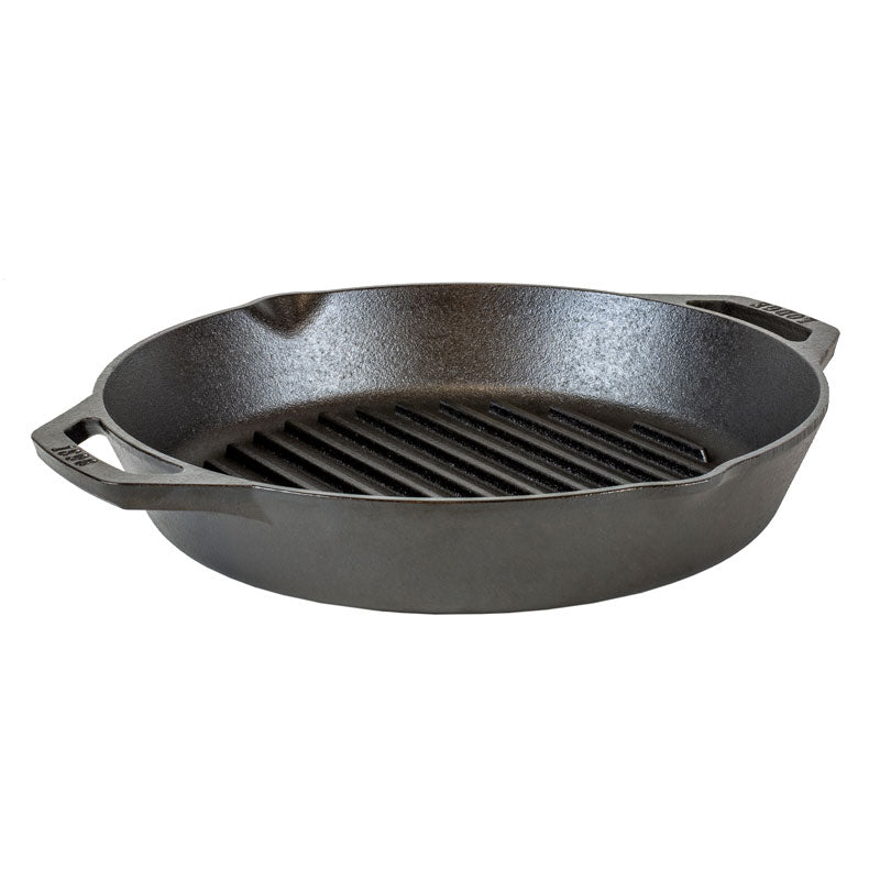 Round grill pan with 2 loop handles and 2 pour spouts.