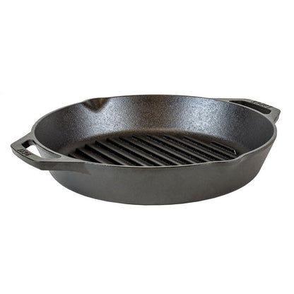 Round grill pan with 2 loop handles and 2 pour spouts.