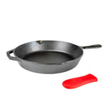 Cast iron skillet with a long handle, loop handle, and 2 pour spouts along with a red handle holder for long handle.