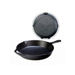 A black cast iron skillet with a long handle, loop handle, and 2 pour spouts, featuring a Boy Scout design on the back of skillet.