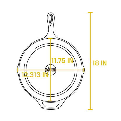 Dimensional drawing product. Full length is 18 inches, length of cooking surface is 11.75 inches, width of cooking surface is 12.313 inches.