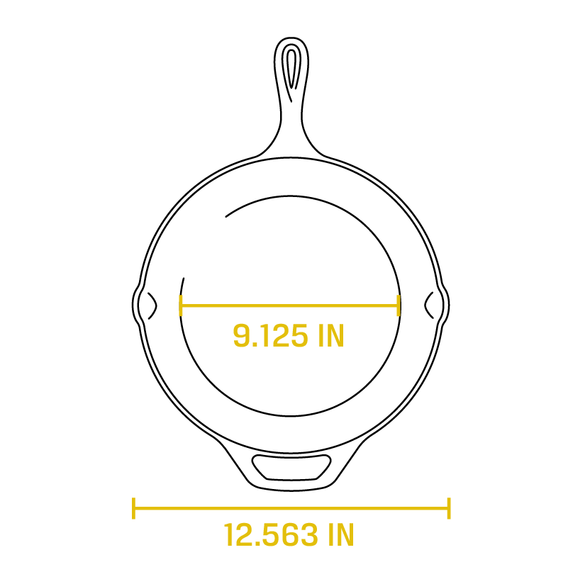 Dimensional drawing product. Full width is 12.563 inches, width of cooking surface is 9.125 inches.