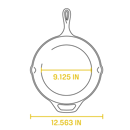 Dimensional drawing product. Full width is 12.563 inches, width of cooking surface is 9.125 inches.