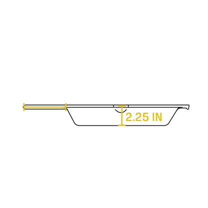 Dimensional drawing product. Depth of cooking surface is 2.25 inches.