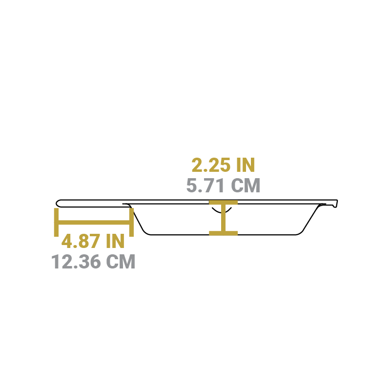 Dimensional drawing of product. Length of handle is 4.87 inches, depth of cooking surface is 2.25 inches.