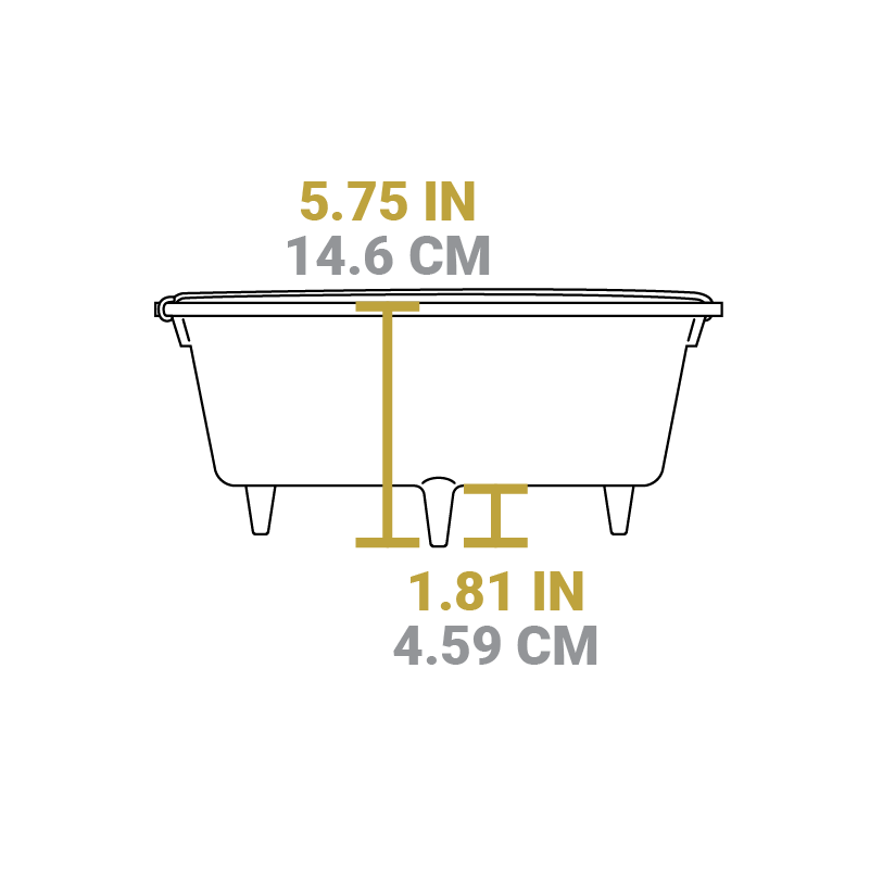 Dimensional drawing of product. Height is 5.75 inches excluding lid, height of legs is 1.81 inches.