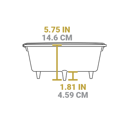 Dimensional drawing of product. Height is 5.75 inches excluding lid, height of legs is 1.81 inches.